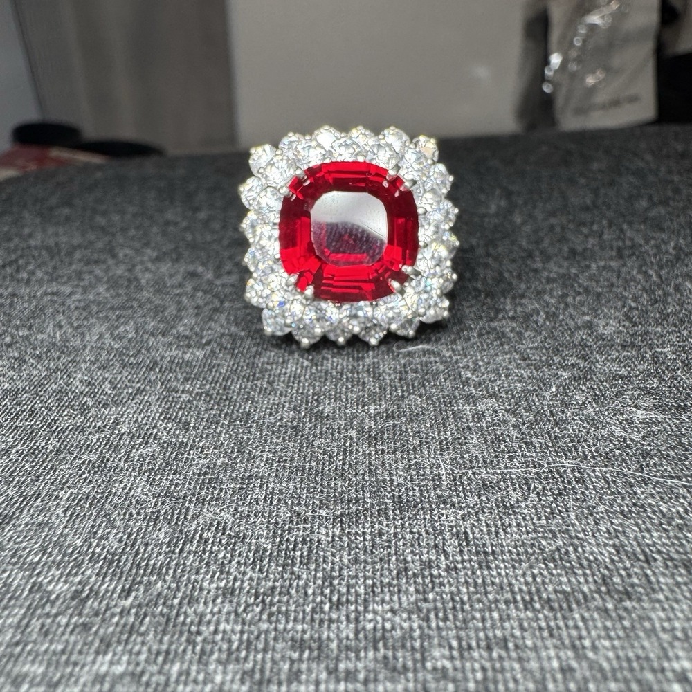 Sterling Silver 925 Red Ruby Emerald Cut Halo Statement Cocktail 16 Grams size 7